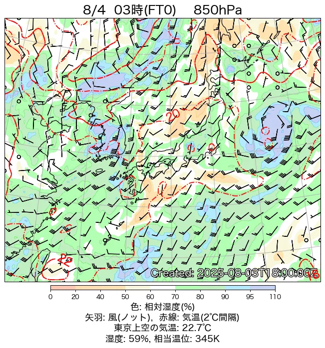 2025年8月4日の日本周辺の850hPa天気図（3時）