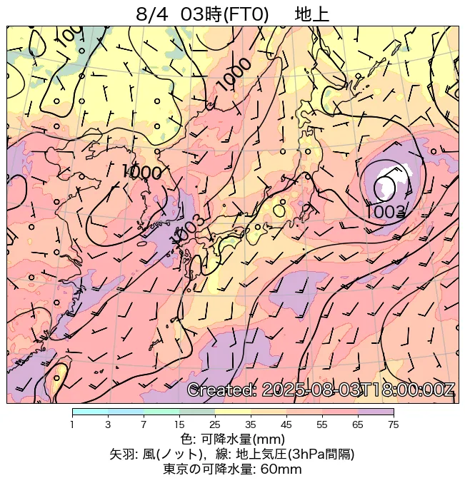 2025年8月4日の日本周辺の地上天気図（3時）