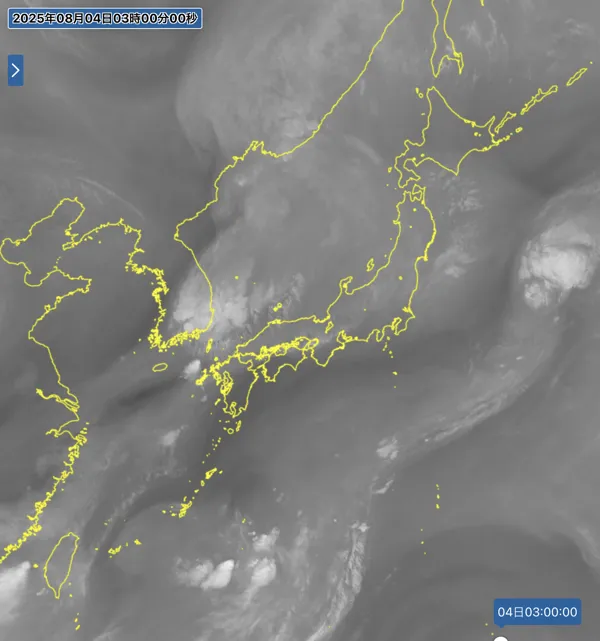 2025年8月4日3時の日本周辺の衛星水蒸気画像