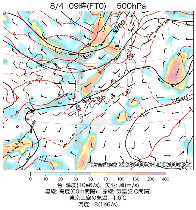 2025年8月4日の日本周辺の500hPa天気図（9時）