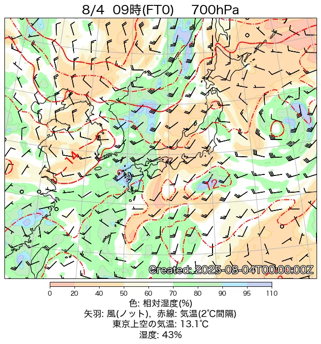 2025年8月4日の日本周辺の700hPa天気図（9時）