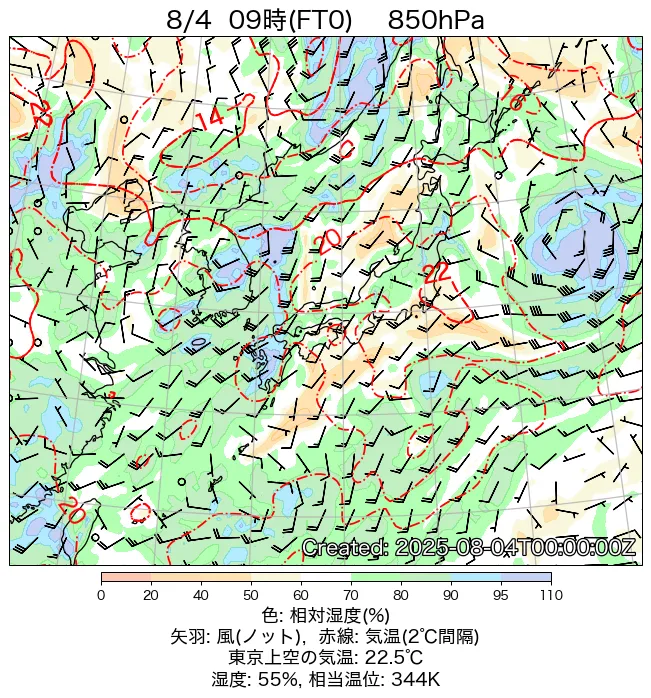 2025年8月4日の日本周辺の850hPa天気図（9時）