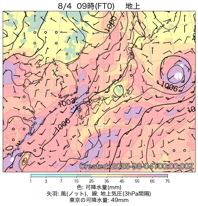 2025年8月4日の日本周辺の地上天気図（9時）