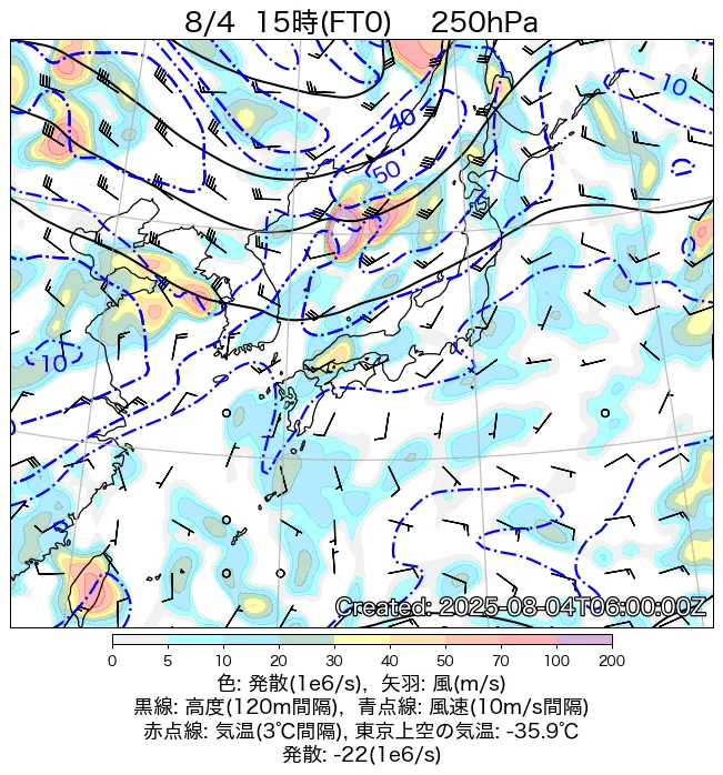 2025年8月4日の日本周辺の250hPa天気図（15時）