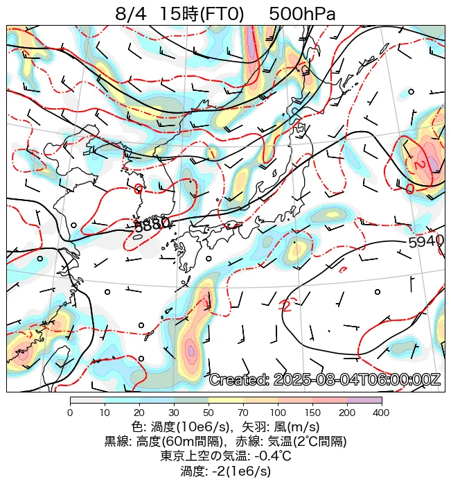 2025年8月4日の日本周辺の500hPa天気図（15時）