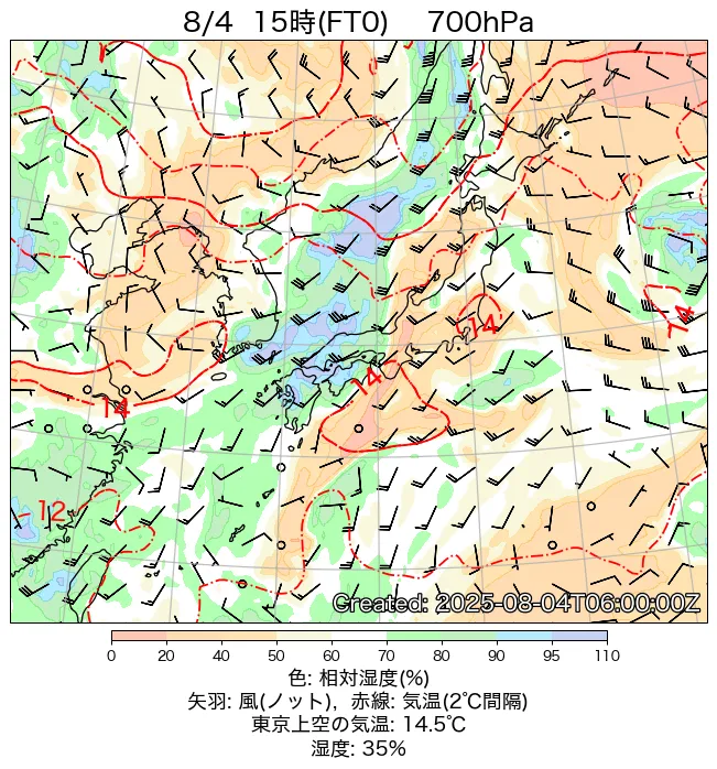 2025年8月4日の日本周辺の700hPa天気図（15時）