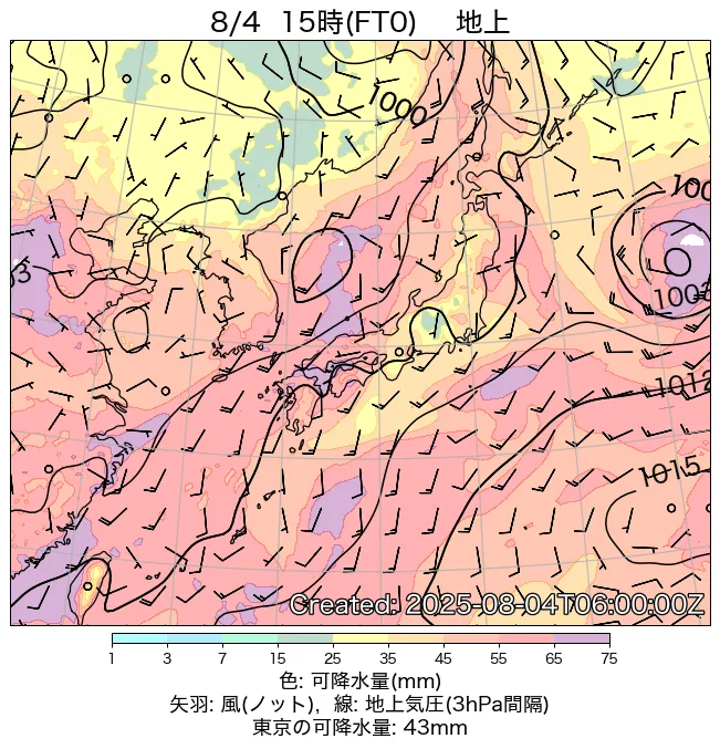 2025年8月4日の日本周辺の地上天気図（15時）