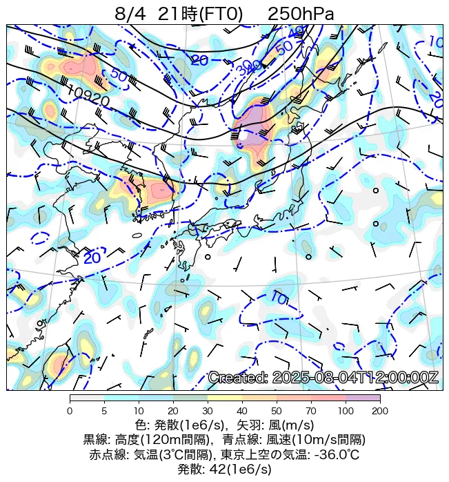 2025年8月4日の日本周辺の250hPa天気図（21時）