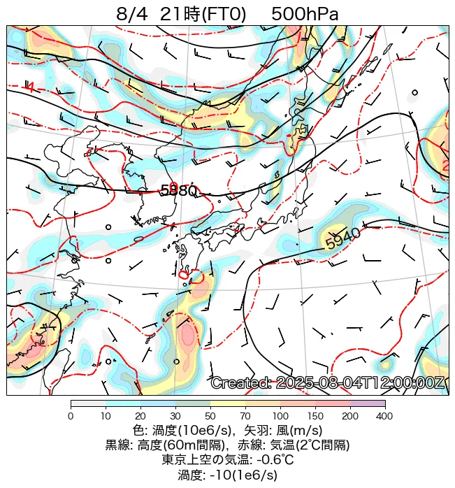 2025年8月4日の日本周辺の500hPa天気図（21時）