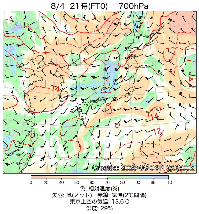 2025年8月4日の日本周辺の700hPa天気図（21時）