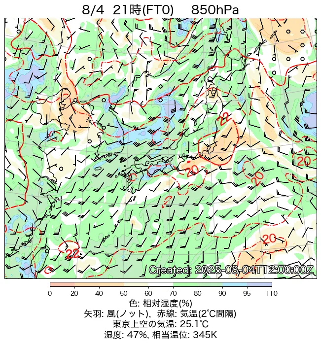 2025年8月4日の日本周辺の850hPa天気図（21時）