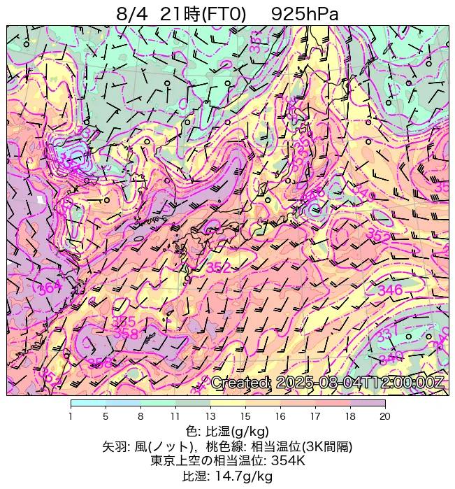 2025年8月4日の日本周辺の925hPa天気図（21時）
