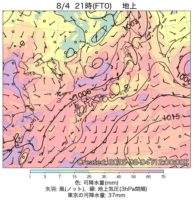2025年8月4日の日本周辺の地上天気図（21時）