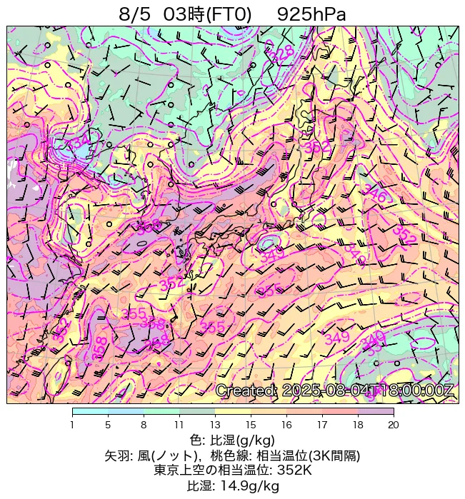 2025年8月5日の日本周辺の925hPa天気図（3時）