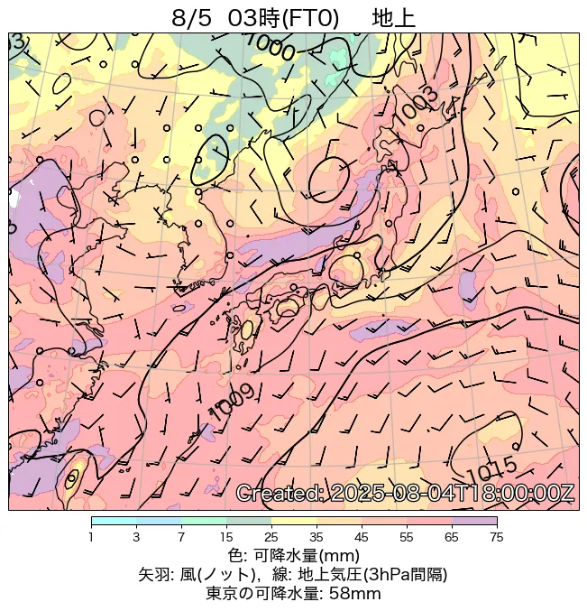 2025年8月5日の日本周辺の地上天気図（3時）