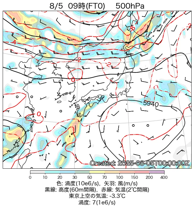 2025年8月5日の日本周辺の500hPa天気図（9時）