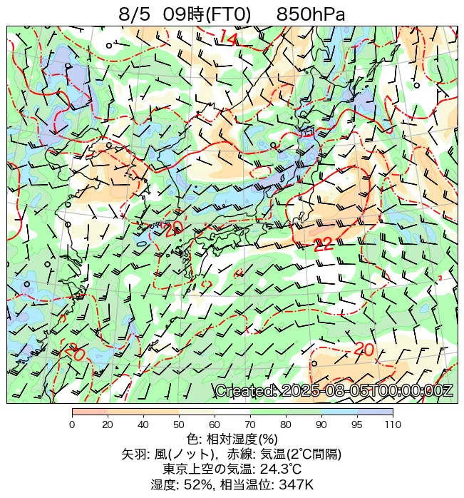 2025年8月5日の日本周辺の850hPa天気図（9時）