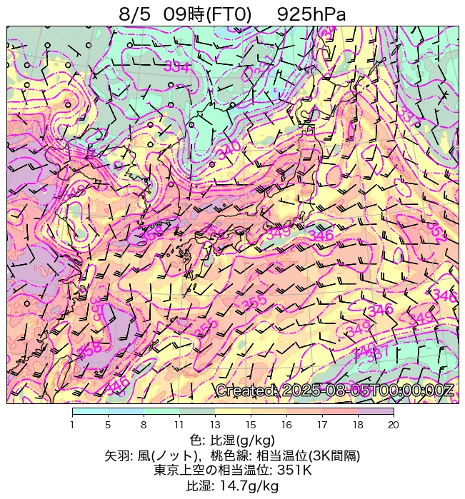 2025年8月5日の日本周辺の925hPa天気図（9時）
