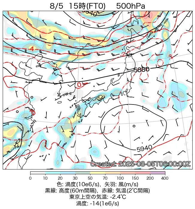 2025年8月5日の日本周辺の500hPa天気図（15時）