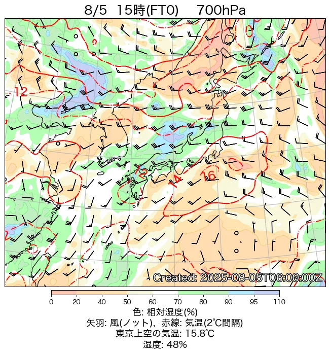2025年8月5日の日本周辺の700hPa天気図（15時）