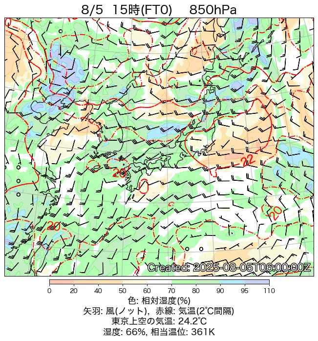 2025年8月5日の日本周辺の850hPa天気図（15時）