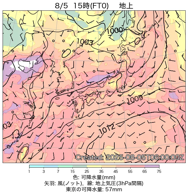 2025年8月5日の日本周辺の地上天気図（15時）