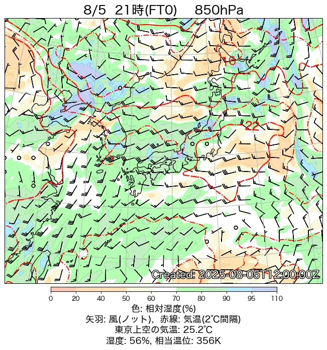 2025年8月5日の日本周辺の850hPa天気図（21時）