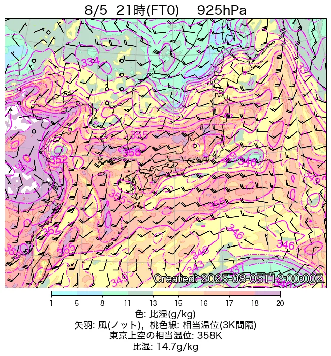 2025年8月5日の日本周辺の925hPa天気図（21時）