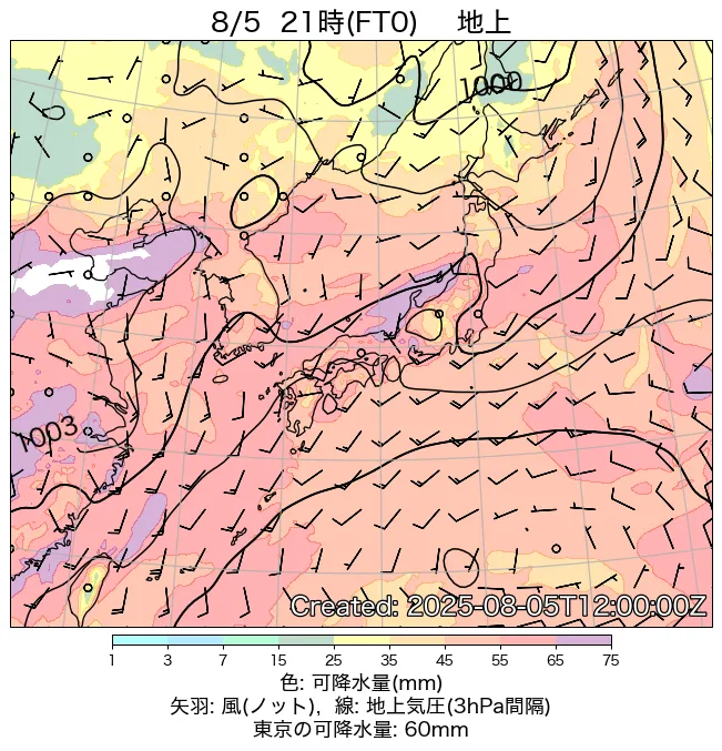 2025年8月5日の日本周辺の地上天気図（21時）
