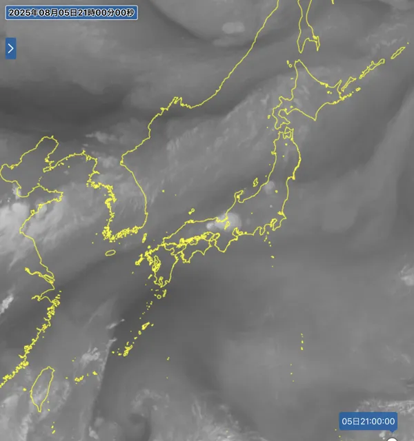 2025年8月5日21時の日本周辺の衛星水蒸気画像