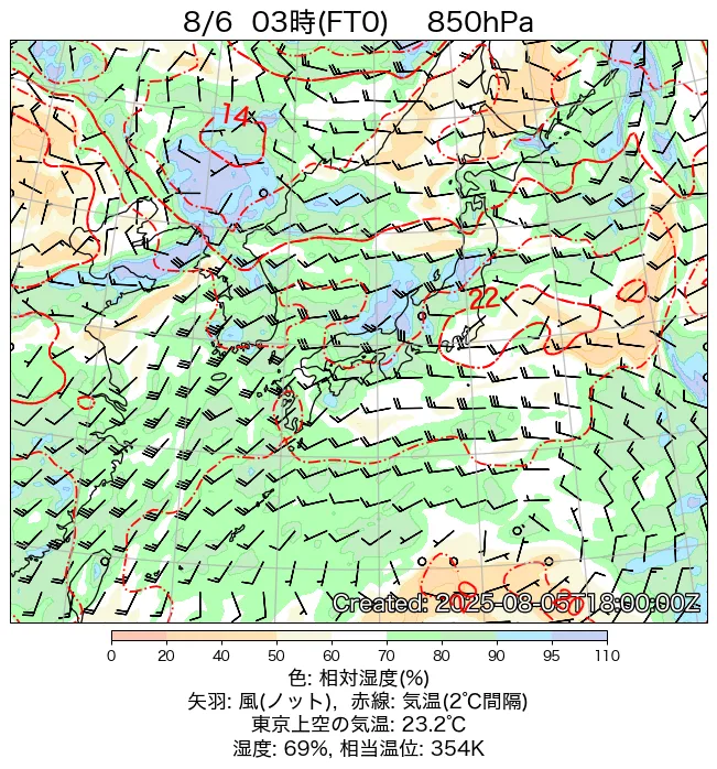 2025年8月6日の日本周辺の850hPa天気図（3時）