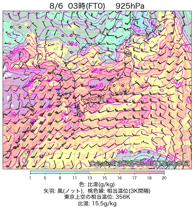 2025年8月6日の日本周辺の925hPa天気図（3時）