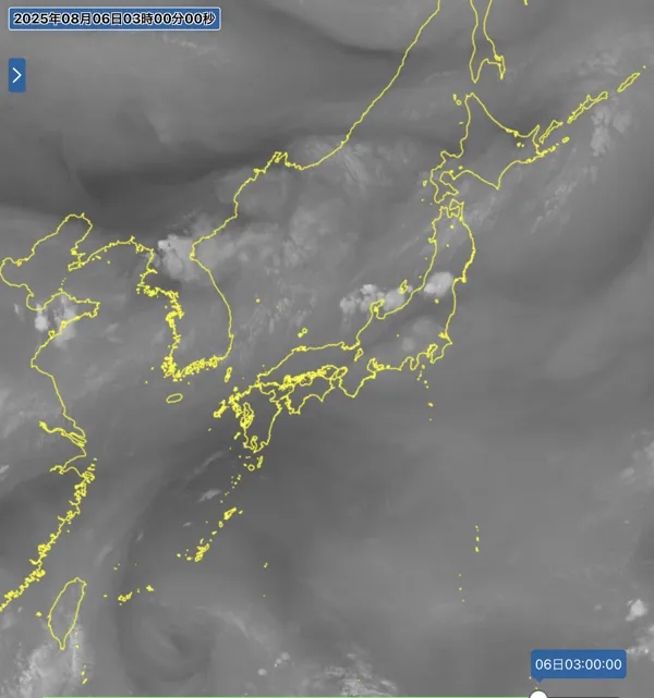 2025年8月6日3時の日本周辺の衛星水蒸気画像