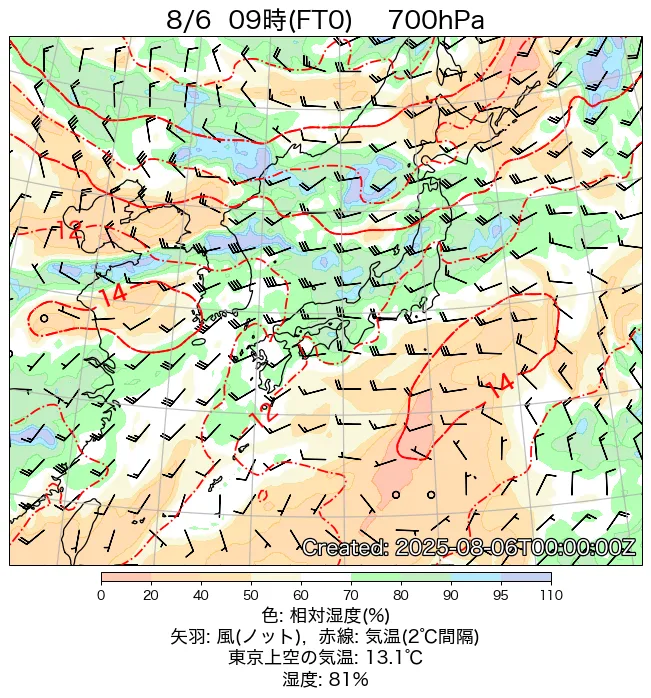 2025年8月6日の日本周辺の700hPa天気図（9時）