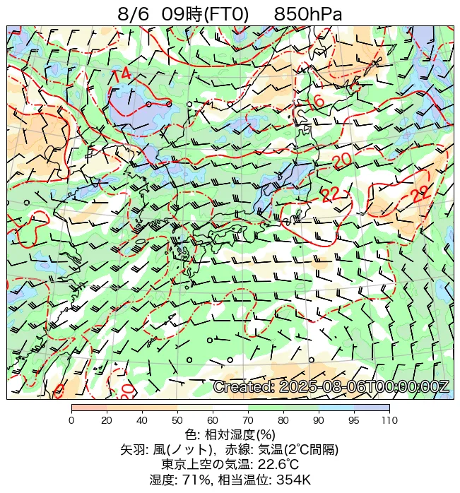 2025年8月6日の日本周辺の850hPa天気図（9時）