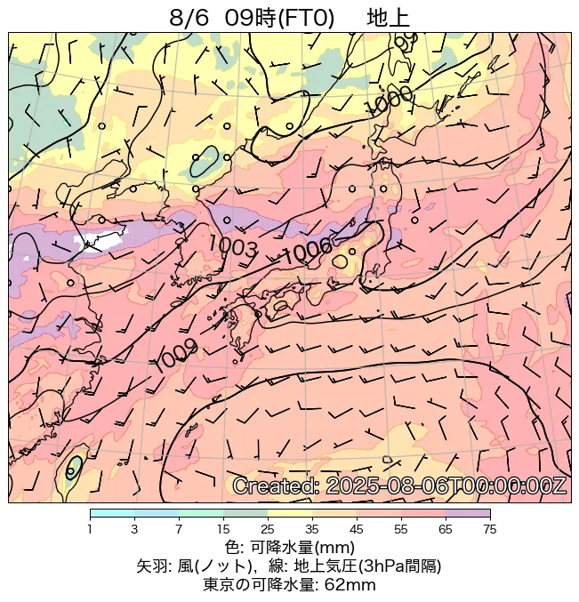 2025年8月6日の日本周辺の地上天気図（9時）