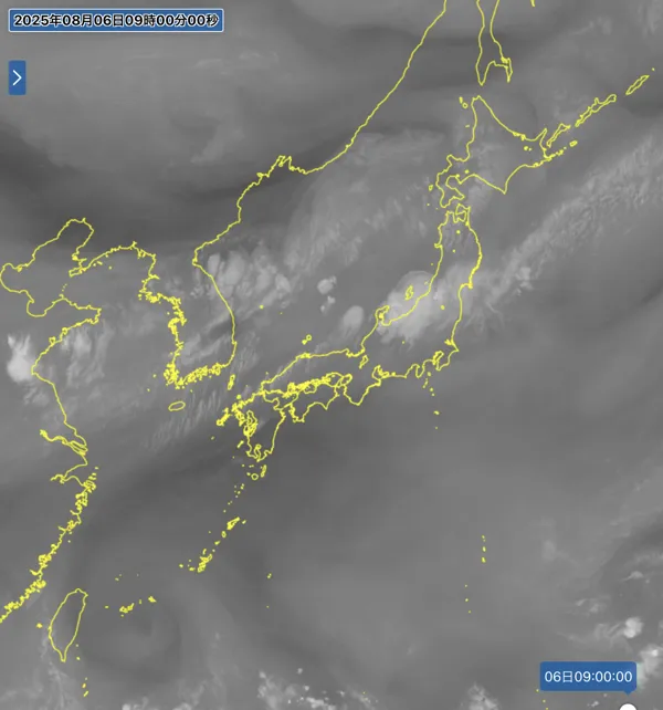 2025年8月6日9時の日本周辺の衛星水蒸気画像