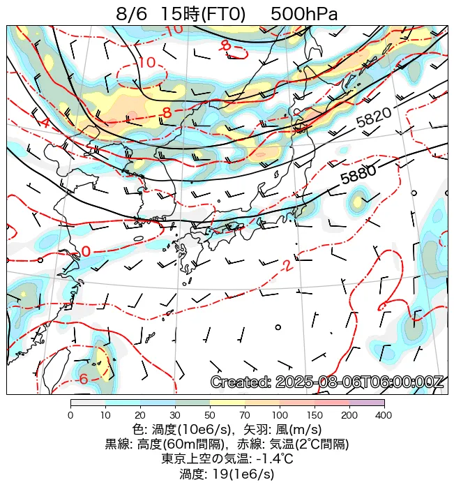 2025年8月6日の日本周辺の500hPa天気図（15時）