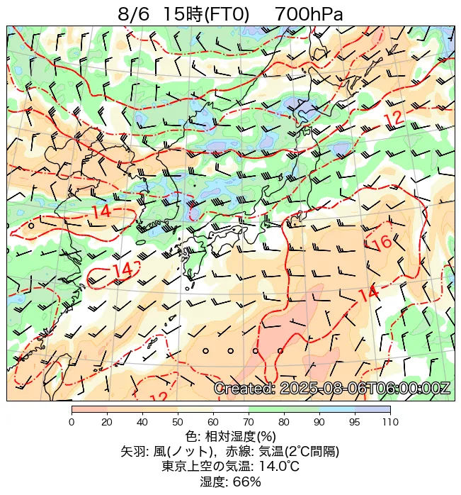 2025年8月6日の日本周辺の700hPa天気図（15時）