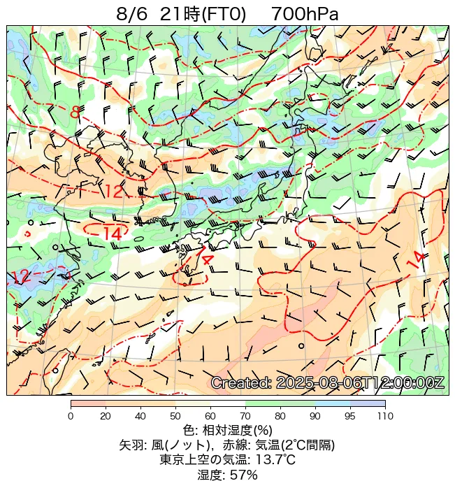 2025年8月6日の日本周辺の700hPa天気図（21時）