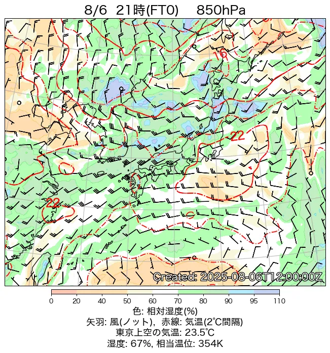 2025年8月6日の日本周辺の850hPa天気図（21時）