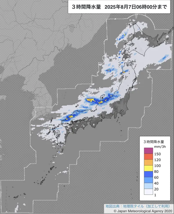 2025年8月7日の日本周辺の3〜6時の3時間解析降水量
