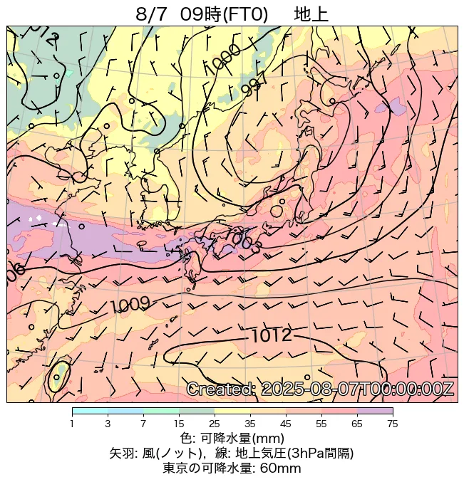 2025年8月7日の日本周辺の地上天気図（9時）