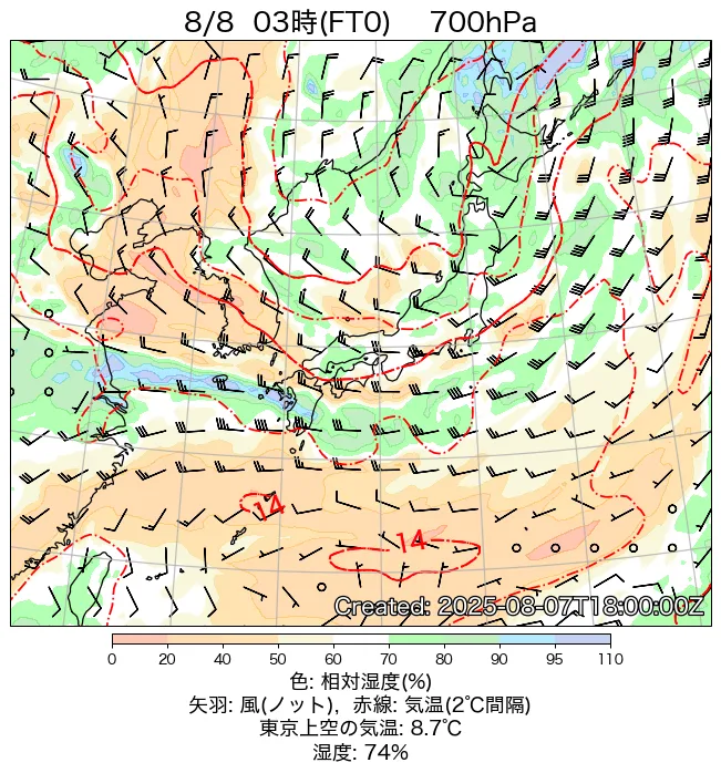 2025年8月8日の日本周辺の700hPa天気図（3時）