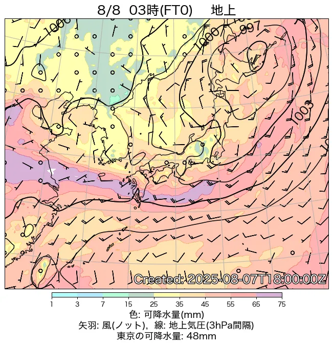 2025年8月8日の日本周辺の地上天気図（3時）