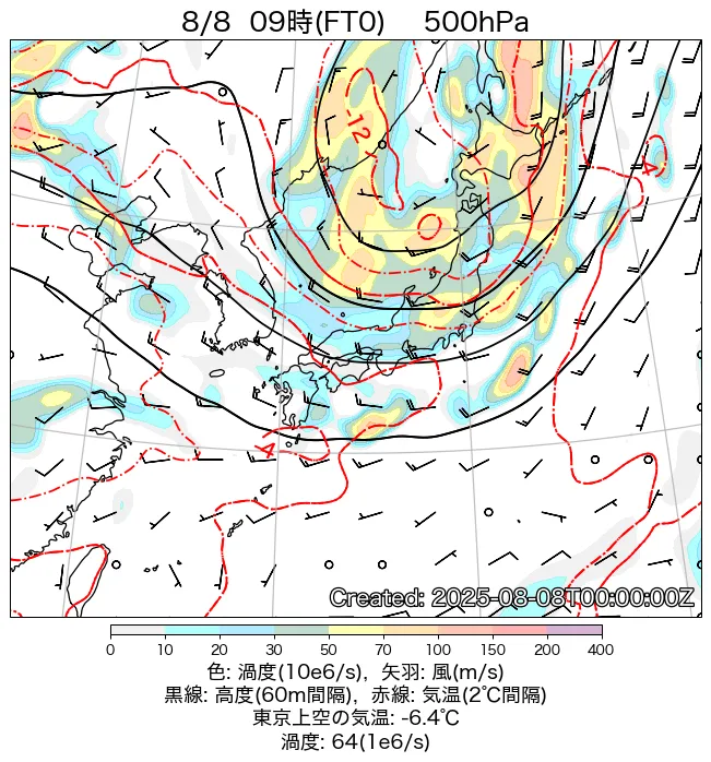 2025年8月8日の日本周辺の500hPa天気図（9時）
