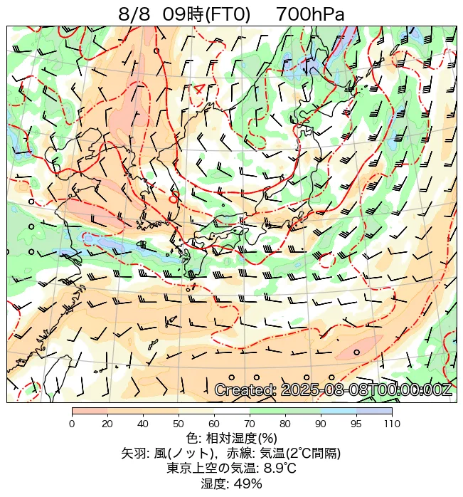 2025年8月8日の日本周辺の700hPa天気図（9時）