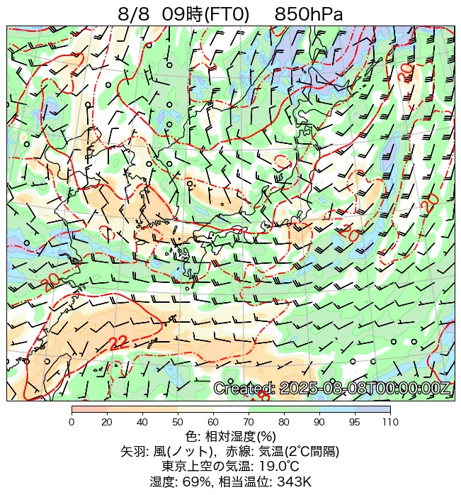 2025年8月8日の日本周辺の850hPa天気図（9時）