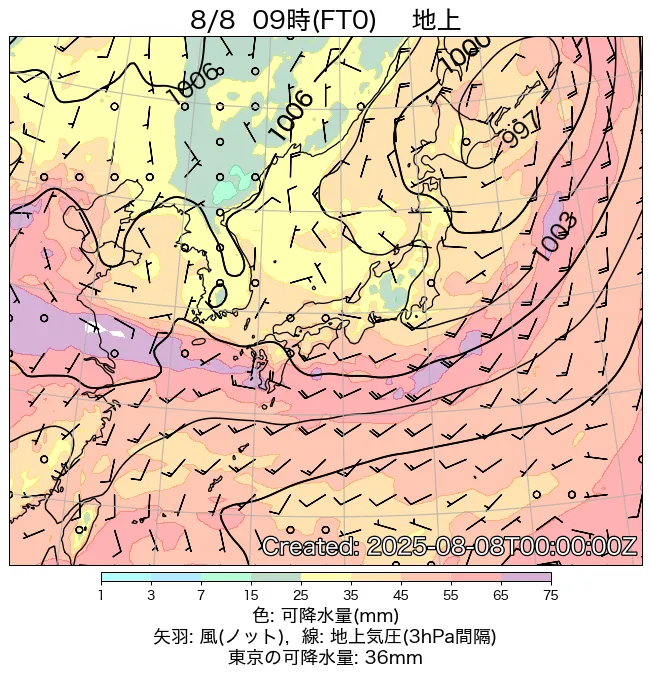 2025年8月8日の日本周辺の地上天気図（9時）