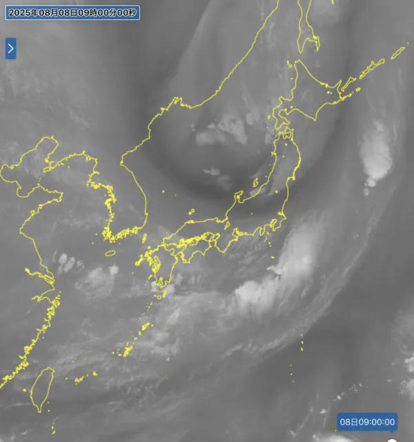 2025年8月8日9時の日本周辺の衛星水蒸気画像